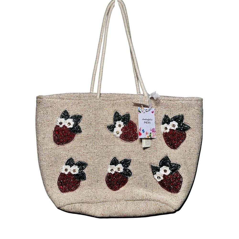 Handcrafted Artisan Beaded‎ STRAWBERRY Canvas Tote Summer Beach A&B Viral TJMaxx